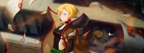 Anime picture 7006x2579 with junketsu no maria maria (junketsu no maria) shenxiu single looking at viewer fringe highres short hair breasts blue eyes blonde hair wide image absurdres upper body open jacket burning girl dress gloves earrings