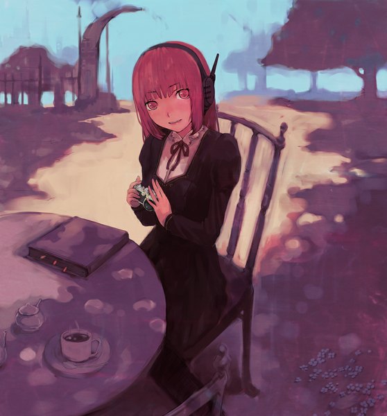Anime picture 1000x1075 with original nimirom single tall image looking at viewer short hair smile sitting pink hair pink eyes girl headphones book (books) chair table cup camera tea