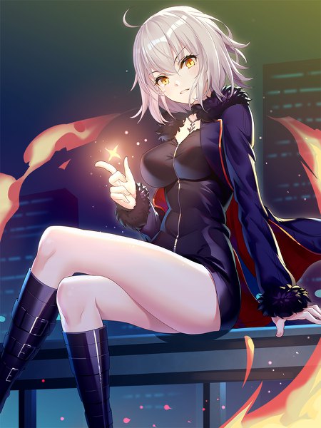 Anime picture 900x1200 with fate (series) fate/grand order jeanne d'arc (fate) (all) jeanne d'arc alter (fate) ririko (zhuoyandesailaer) single tall image looking at viewer blush fringe short hair breasts light erotic hair between eyes sitting yellow eyes payot silver hair ahoge outdoors