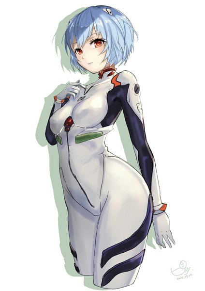 Anime picture 700x990 with neon genesis evangelion gainax ayanami rei pisuke single tall image looking at viewer short hair simple background red eyes white background signed blue hair shadow sketch girl bodysuit pilot suit