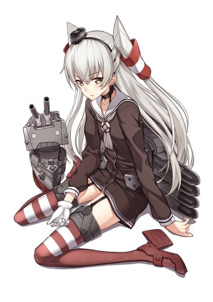 Anime picture 636x900 with kantai collection amatsukaze destroyer rensouhou-kun fame peera single long hair tall image simple background white background sitting yellow eyes looking away from above grey hair two side up wariza girl thighhighs uniform hair ornament
