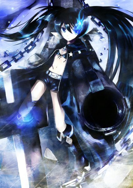 Anime picture 2480x3508 with black rock shooter black rock shooter (character) shino miduki single long hair tall image looking at viewer highres blue eyes light erotic black hair twintails glowing glowing eye (eyes) girl weapon shorts short shorts chain cloak