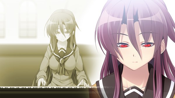 Anime picture 1280x720 with taisetsu na kimi no tame ni, boku ni dekiru ichiban no koto long hair red eyes wide image game cg purple hair girl serafuku