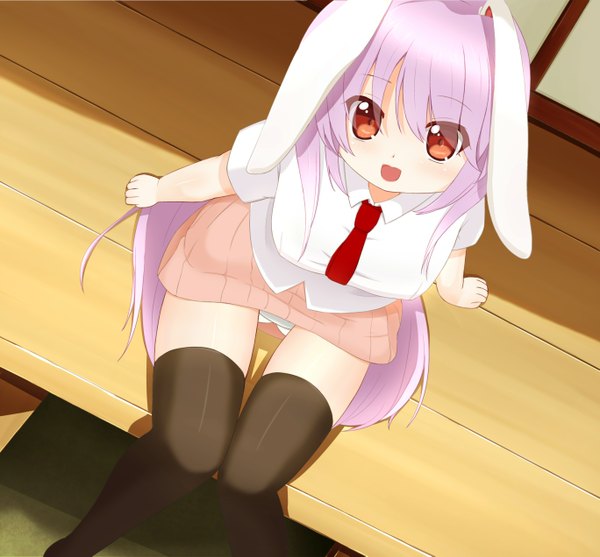 Anime picture 1368x1271 with touhou reisen udongein inaba chimunge long hair open mouth light erotic red eyes sitting pink hair bunny ears pantyshot bunny girl pantyshot sitting girl thighhighs skirt black thighhighs miniskirt shirt necktie
