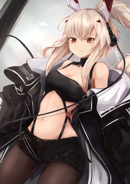 Anime picture 1000x1414 with azur lane ayanami (azur lane) ayanami (rock'n kijin) (azur lane) ryara vivi single long hair tall image looking at viewer blush fringe breasts light erotic blonde hair hair between eyes brown eyes payot cleavage ponytail light smile open clothes