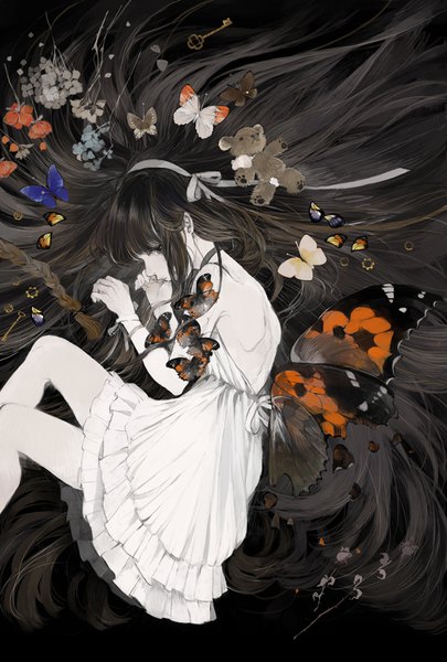 Anime picture 642x950 with original nekosuke (jet) single long hair tall image fringe black hair simple background bare shoulders very long hair pleated skirt multicolored hair black eyes floating hair looking down gradient hair white skin midair embryo's pose girl