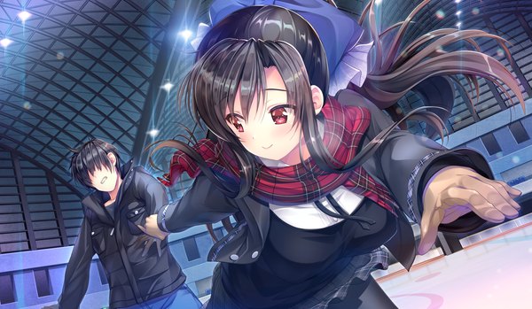 Anime picture 2010x1170 with study steady omaezaki yuu emily (pure dream) long hair blush fringe highres short hair breasts black hair smile hair between eyes red eyes wide image payot game cg ponytail looking back wind open jacket