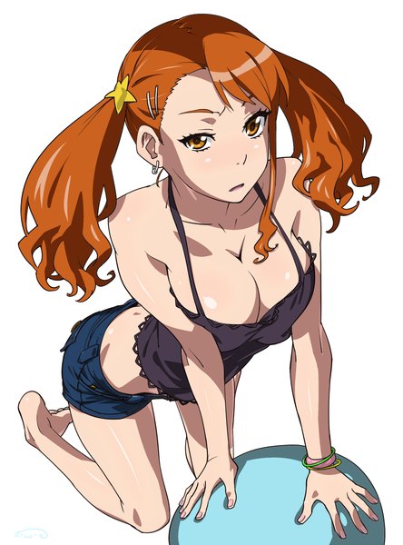 Anime picture 889x1200 with ano hi mita hana no namae wo bokutachi wa mada shiranai a-1 pictures anjou naruko suna (artist) single long hair tall image breasts open mouth light erotic simple background brown hair white background twintails bare shoulders brown eyes cleavage girl hair ornament shorts
