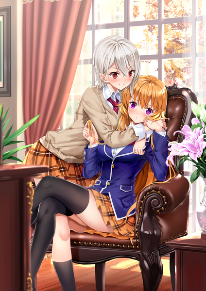 Anime picture 1102x1560 with shokugeki no soma j.c. staff nakiri erina nakiri alice swordsouls long hair tall image blush fringe short hair blonde hair smile hair between eyes red eyes standing sitting purple eyes multiple girls silver hair long sleeves