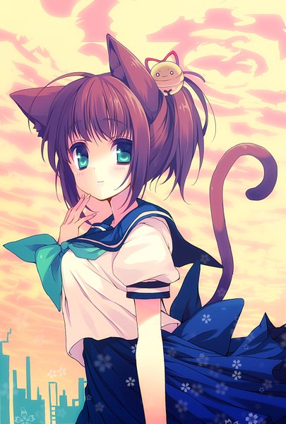 Anime-Bild 1181x1748 mit original reia single long hair tall image looking at viewer brown hair green eyes animal ears ponytail tail animal tail cat ears cat tail girl skirt hair ornament serafuku bell jingle bell