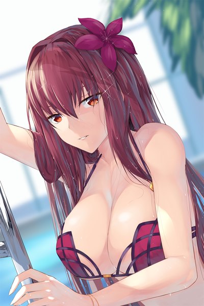 Anime picture 1500x2250 with fate (series) fate/grand order scathach (fate) (all) scathach (fate) scathach (swimsuit assassin) (fate) feng mouren single long hair tall image looking at viewer blush fringe breasts light erotic hair between eyes large breasts payot purple hair parted lips hair flower