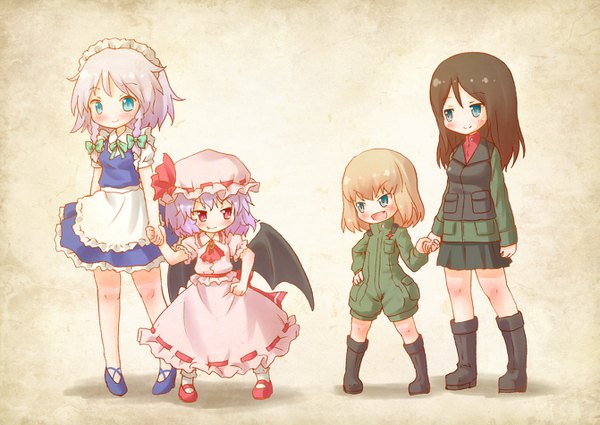 Anime picture 1341x950 with girls und panzer touhou remilia scarlet izayoi sakuya katyusha (girls und panzer) nonna (girls und panzer) arinu looking at viewer blush fringe short hair open mouth blue eyes blonde hair smile red eyes brown hair standing multiple girls looking away