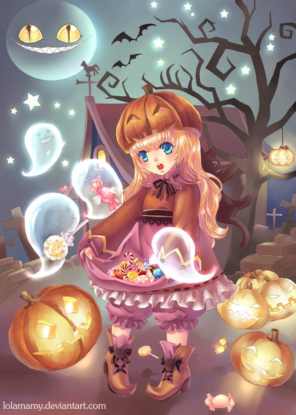 Anime picture 1428x2000 with veggiesexy single long hair tall image open mouth blue eyes blonde hair smile signed yellow eyes eyes closed light halloween ghost girl plant (plants) hat animal tree (trees) food