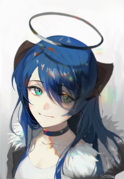 Anime picture 1128x1623 with arknights mostima (arknights) soyoong jun single long hair tall image looking at viewer fringe smile hair between eyes signed blue hair upper body horn (horns) aqua eyes from above girl choker halo