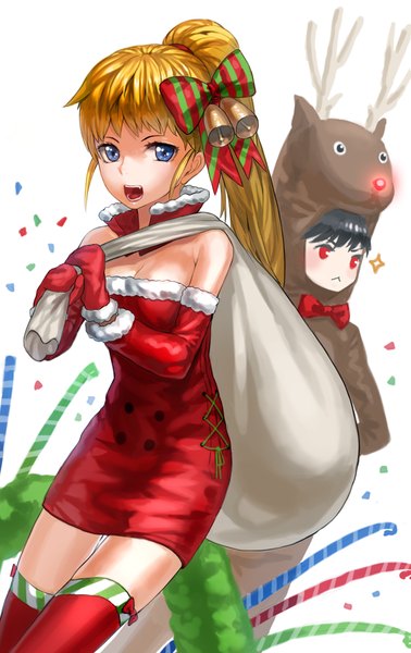 Anime picture 667x1059 with original kfr long hair tall image looking at viewer open mouth blue eyes black hair simple background blonde hair red eyes white background bare shoulders multiple girls looking away ponytail fur trim christmas merry christmas girl