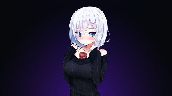 Anime picture 3840x2160 with kantai collection hamakaze destroyer assassinwarrior pinoaisu single looking at viewer blush fringe highres short hair breasts blue eyes simple background hair between eyes wide image large breasts bare shoulders signed absurdres silver hair