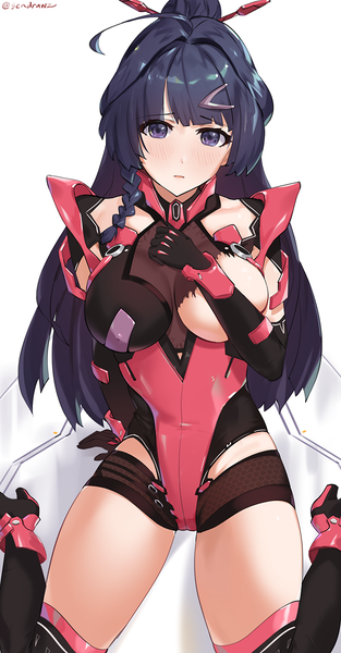 Anime picture 1002x1920 with benghuai xueyuan honkai (series) raiden mei sendrawz single long hair tall image looking at viewer blush fringe breasts open mouth light erotic black hair simple background large breasts white background sitting purple eyes signed