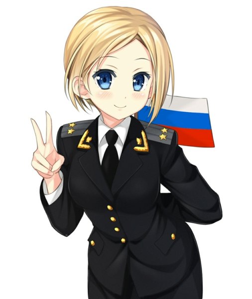 Anime picture 1000x1186 with real life natalia poklonskaya phanc002 single tall image looking at viewer blush short hair blue eyes simple background blonde hair smile standing white background victory girl uniform shirt necktie military uniform