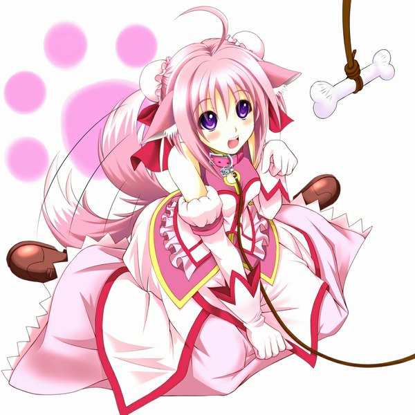 Anime picture 1000x1000 with dog days millhiore f biscotti creep (artist) single long hair blush open mouth purple eyes pink hair ahoge dog ears dog tail dog girl girl dress gloves elbow gloves