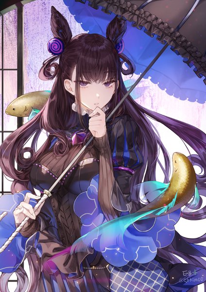 Anime picture 900x1273 with fate (series) fate/grand order murasaki shikibu (fate) kim eb single long hair tall image looking at viewer blush fringe breasts black hair hair between eyes large breasts standing purple eyes holding signed payot parted lips