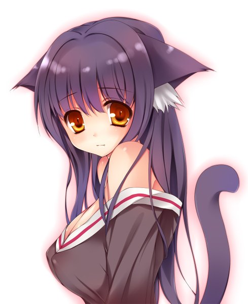 Anime picture 1100x1350 with original rayn single long hair tall image light erotic black hair simple background white background bare shoulders animal ears cat ears cat girl cat tail orange eyes girl