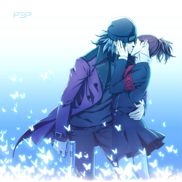 Anime picture 1600x1600 with persona 3 persona female protagonist (p3) aragaki shinjirou denkichi long hair simple background brown hair standing signed ponytail grey hair couple hug gradient background kiss hand on face hand on cheek girl boy