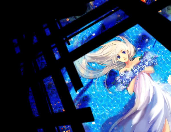 Anime-Bild 2000x1556 mit original sumitani single long hair looking at viewer highres blue eyes bare shoulders white hair lying from above on back partially submerged girl dress flower (flowers) water white dress rose (roses) blue rose