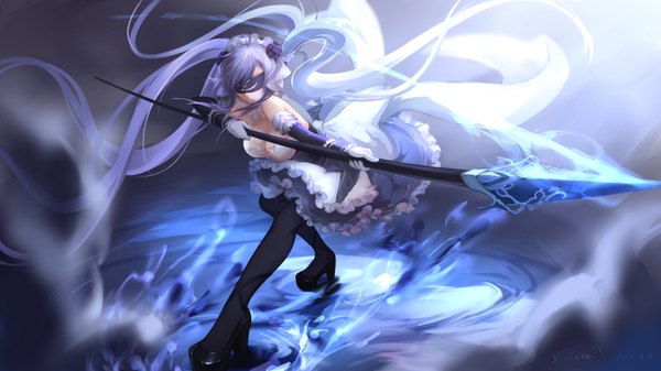 Anime picture 1920x1080 with original bzerox single highres breasts wide image twintails blue hair cleavage very long hair maid dark background girl dress gloves uniform weapon elbow gloves white gloves headdress