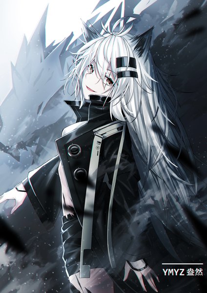 Anime picture 1480x2093 with arknights lappland (arknights) ymyz single long hair tall image looking at viewer fringe open mouth smile hair between eyes standing signed animal ears payot silver hair ahoge head tilt wide sleeves open jacket