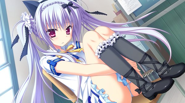 Anime picture 1280x720 with karumaruka circle sasakura mirai moribe (rabumanyo) single long hair light erotic wide image sitting purple eyes twintails game cg silver hair cameltoe pantyshot sitting girl skirt uniform hair ornament underwear panties