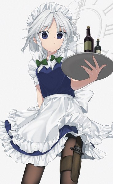 Anime picture 1349x2200 with touhou izayoi sakuya keiki8296 single long hair tall image looking at viewer blue eyes simple background white background silver hair braid (braids) from below maid twin braids frilled dress girl dress uniform pantyhose