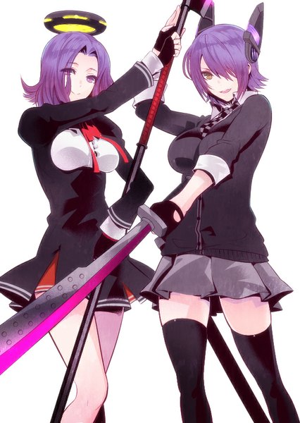 Anime picture 620x874 with kantai collection tenryuu light cruiser tatsuta light cruiser kuso bba tall image looking at viewer fringe short hair simple background smile white background purple eyes multiple girls purple hair parted lips hair over one eye girl thighhighs gloves uniform