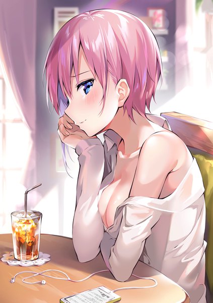 Anime picture 3043x4313 with go-toubun no hanayome nakano ichika ale nqki single tall image looking at viewer blush fringe highres short hair blue eyes light erotic hair between eyes sitting bare shoulders pink hair absurdres cleavage upper body indoors