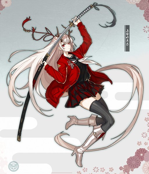 Anime picture 1050x1227 with original tamahagane gakuen touransai yuzuki ueda ryuuzaki ichi single tall image looking at viewer fringe red eyes full body white hair very long hair horn (horns) grey background open jacket high heels zettai ryouiki sheathed girl thighhighs