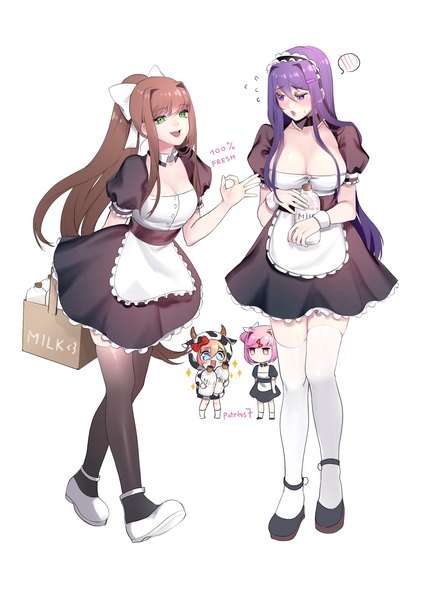 Anime picture 1696x2274 with doki doki literature club monika (doki doki literature club) yuri (doki doki literature club) natsuki (doki doki literature club) sayori (doki doki literature club) potetos7 long hair tall image looking at viewer blush fringe breasts open mouth light erotic simple background smile hair between eyes brown hair large breasts standing