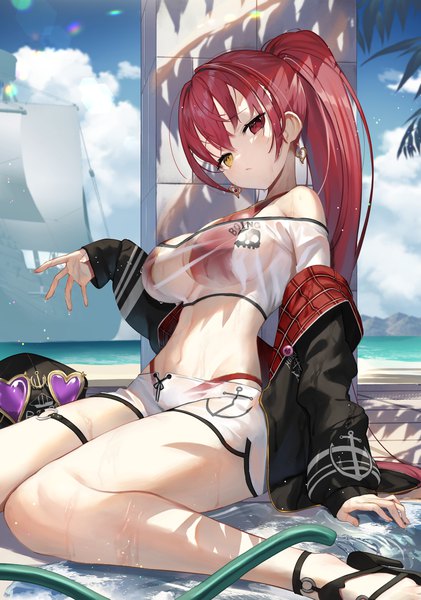 Anime picture 2211x3150 with virtual youtuber hololive houshou marine houshou marine (summer) scottie (phantom2) single long hair tall image looking at viewer fringe highres breasts light erotic hair between eyes red eyes large breasts sitting yellow eyes sky cloud (clouds)