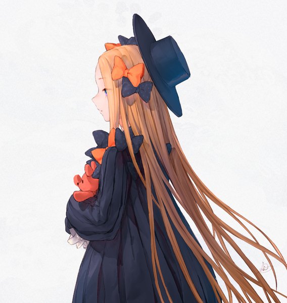 Anime picture 868x916 with fate (series) fate/grand order abigail williams (fate) io (io oekaki) single long hair tall image blue eyes simple background blonde hair white background looking away upper body profile expressionless girl dress bow hair bow hat
