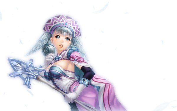 Anime picture 1920x1200 with xenoblade melia antiqua simosi single long hair highres open mouth wide image white background silver hair aqua eyes lips realistic drill hair girl dress gloves elbow gloves feather (feathers) staff