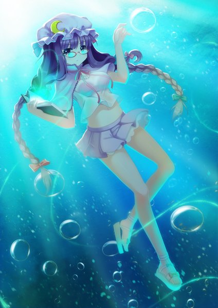 Anime picture 2480x3508 with touhou patchouli knowledge fukuro ko (greentea) single long hair tall image looking at viewer highres purple eyes purple hair braid (braids) underwater girl skirt glasses book (books) bonnet bubble (bubbles)