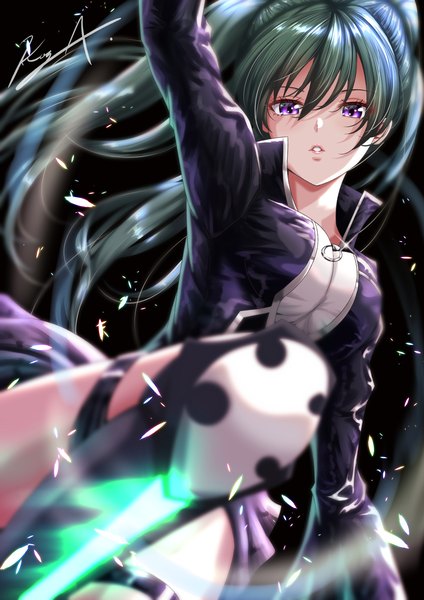 Anime-Bild 1228x1736 mit d.gray-man lenalee lee koya (koya x 00) single long hair tall image looking at viewer fringe black hair simple background hair between eyes purple eyes twintails signed payot parted lips arm up wind blurry popped collar