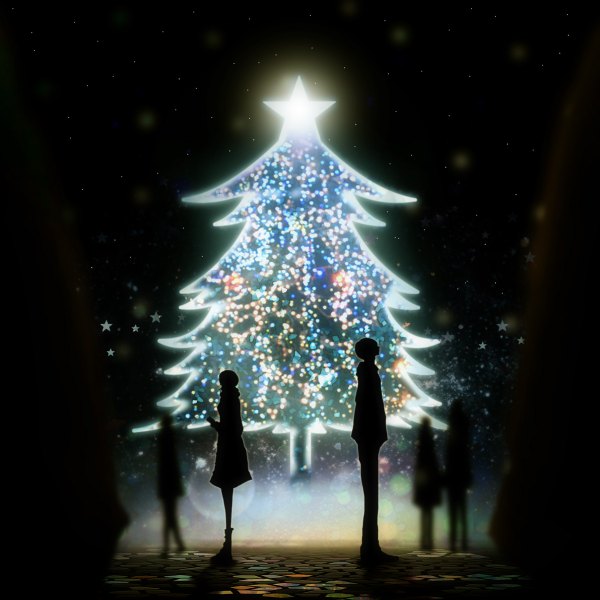 Anime picture 1200x1200 with original harada miyuki standing night christmas glow silhouette plant (plants) tree (trees) star (symbol) winter clothes christmas tree