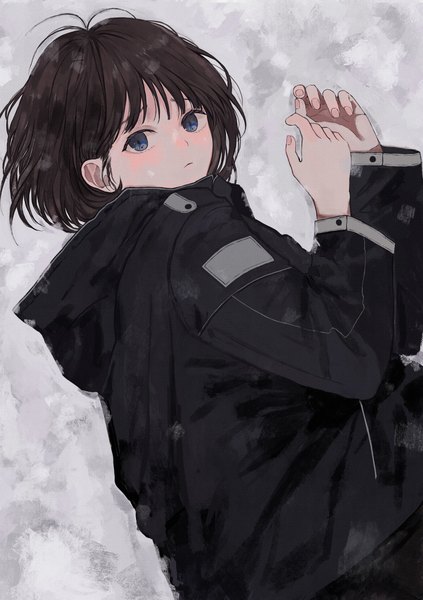 Anime picture 1497x2122 with original maoyasumisumi single tall image looking at viewer blush fringe short hair blue eyes black hair outdoors lying fingernails from above on side snow girl jacket