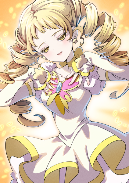 Anime picture 918x1302 with precure yes! precure 5 toei animation kasugano urara (yes! precure 5) cure lemonade osarutukamaeru single long hair tall image blonde hair twintails yellow eyes looking away drill hair magical girl girl detached sleeves earrings