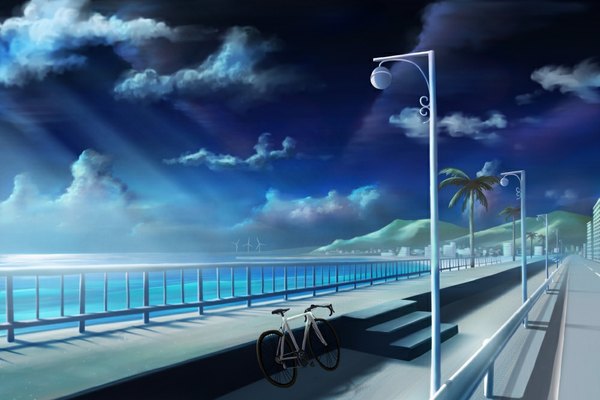 Anime picture 1000x667 with original monorisu sky cloud (clouds) mountain no people landscape plant (plants) tree (trees) sea ground vehicle road bicycle wind turbine