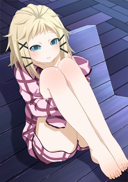 Anime picture 781x1105 with black bullet kinema citrus tina sprout dooru (second my 1d) tall image blush short hair blue eyes light erotic blonde hair smile barefoot bare legs loli body blush girl x hair ornament pajamas