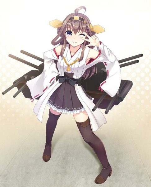 Anime picture 810x1000 with kantai collection kongou battleship fujimiya yuu single long hair tall image looking at viewer blue eyes smile brown hair ahoge traditional clothes one eye closed wink nontraditional miko girl hair ornament weapon detached sleeves thigh boots