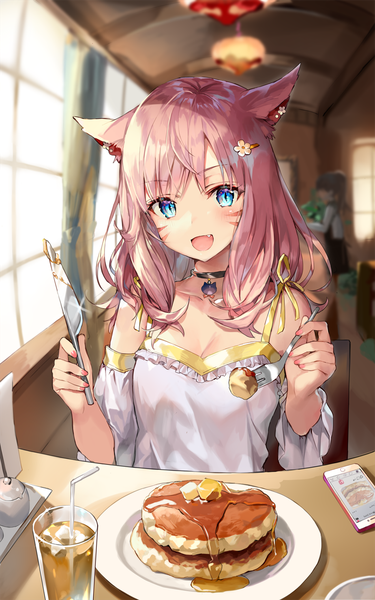 Anime picture 900x1440 with final fantasy final fantasy xiv square enix miqo'te momoko (momopoco) long hair tall image looking at viewer blush fringe breasts open mouth blue eyes sitting multiple girls holding animal ears pink hair cleavage indoors