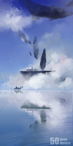Аниме картинка 1200x2400 с оригинальное изображение yuushoku высокое изображение небо облако (облака) надпись отражение пейзаж парящий остров животное вода птица (птицы) провод (провода) линии электропередач остров