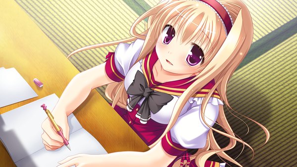 Anime picture 1024x576 with fortuna rhapsody long hair blush blonde hair wide image game cg pink eyes writing girl uniform school uniform hairband pen notebook