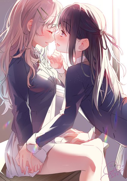 Anime picture 2894x4093 with original geshumaro long hair tall image blush highres breasts open mouth light erotic blonde hair smile brown hair sitting purple eyes multiple girls signed payot bent knee (knees) indoors eyes closed